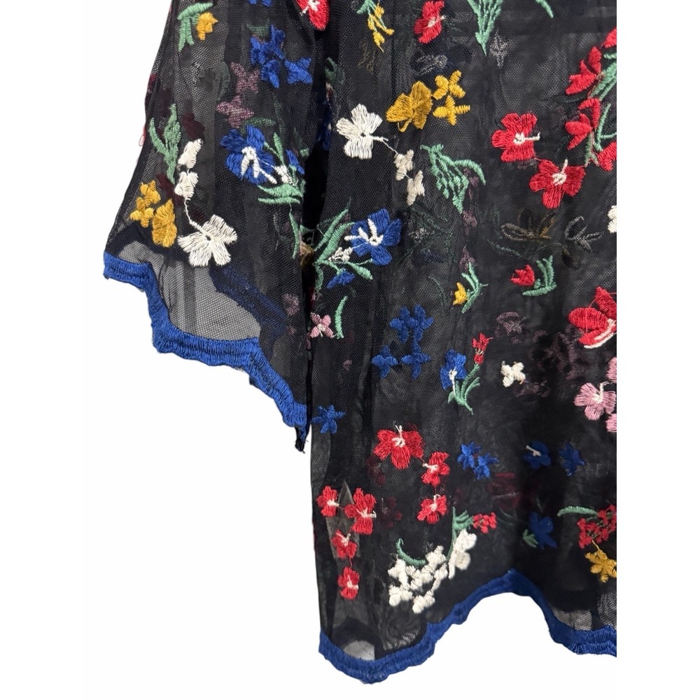 Anthropologie Maeve Meadows Black Sheer Colorful Embroidered Flowers Top Size M - Picture 8 of 11